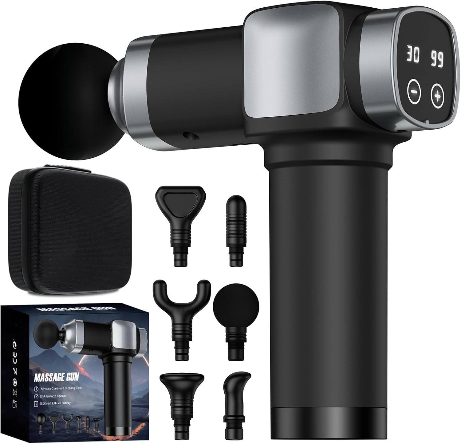 Massage Gun, Deep Tissue Massage Gun for Pain Relief, Handheld Electric Muscle Back Massager, Super Quiet Percussion Electric Massager with 30 Speed Levels 6 Massage Heads, Carry Case (Black)