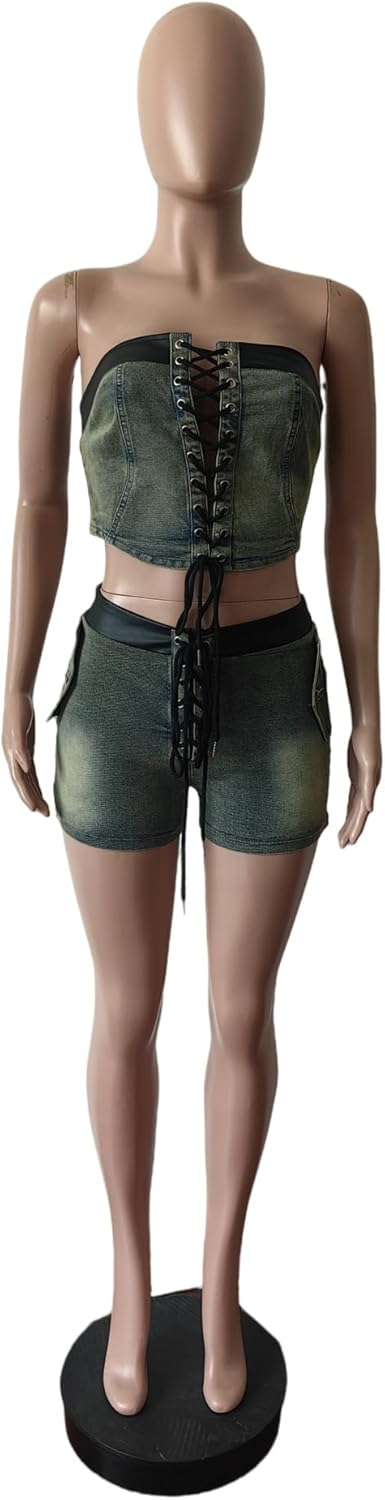 Women's Pants Suit Y2k Summer Clothing Fashion Sexy Drawstring Tube Top Elastic Stitching Stretch Shorts