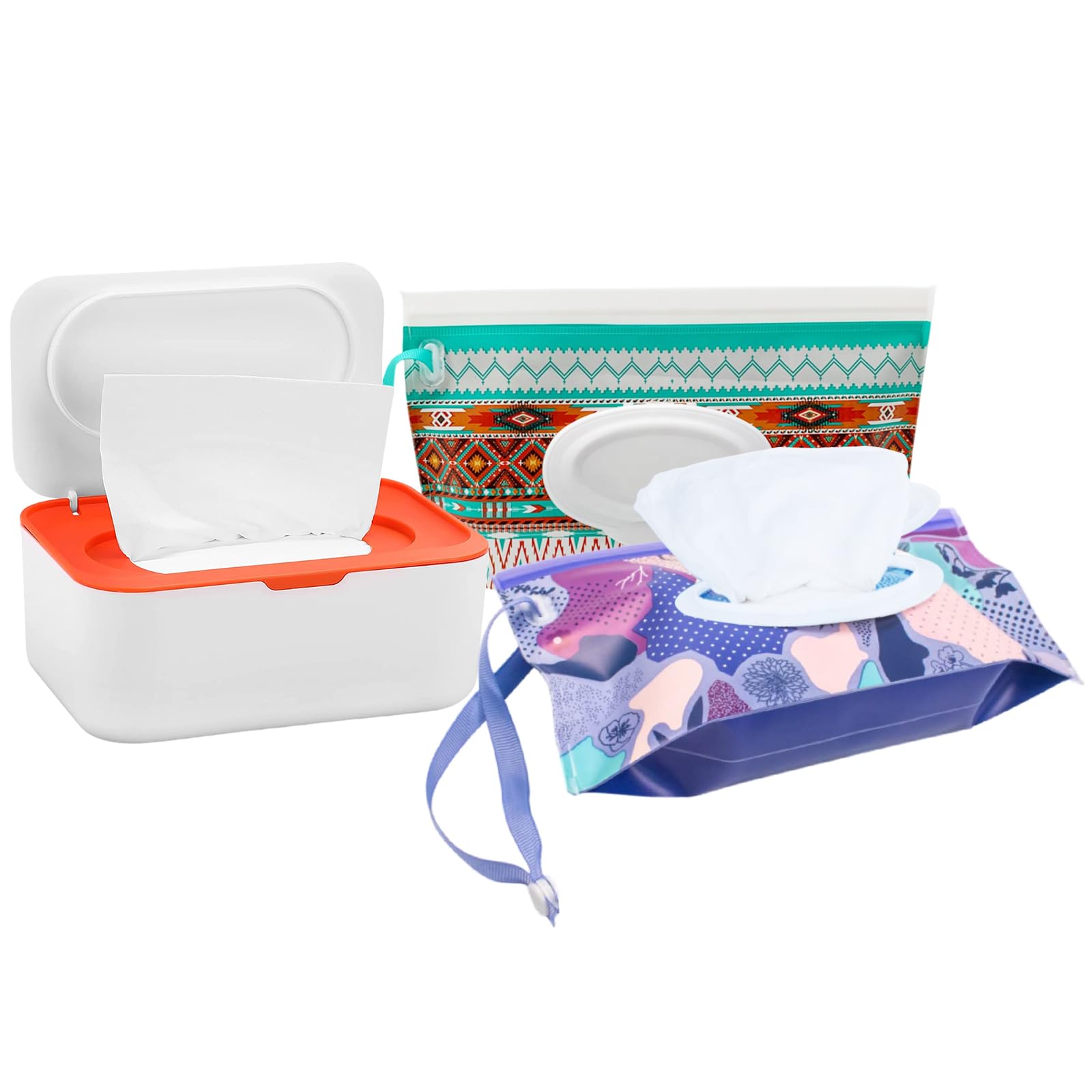 Feuchttücher Box, Feuchtuchspender mit 2 Stück Reisen Wieder Auffüllbar Feuchttücher Tasche,Wiederverwendbar Feuchttücherbox Wischtuchhalter Badezimmer Toilettenpapier Box(Weiß-Orange)