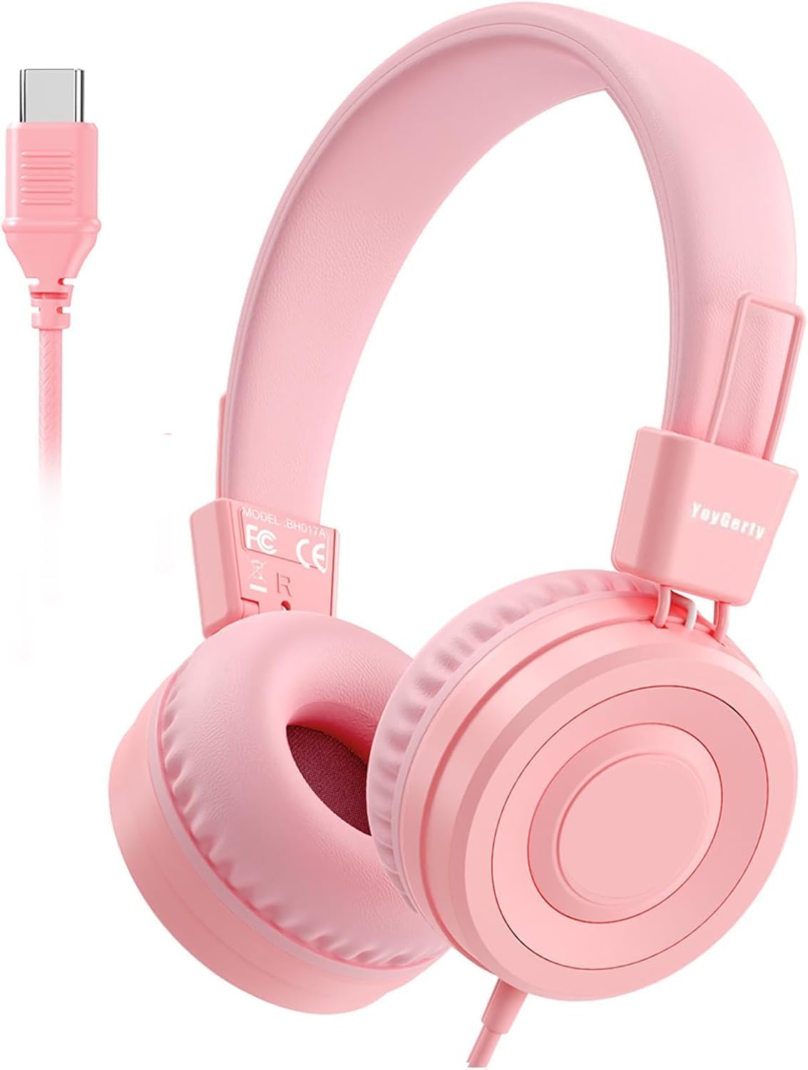 USB C Kids Headphones for School, Upgrade USB Type C Kid Headphone, 94 dB Volume Limiter Wired On-Ear Headset for Kids/Toddlers/Children/Teens/Boys/Girls-Pink