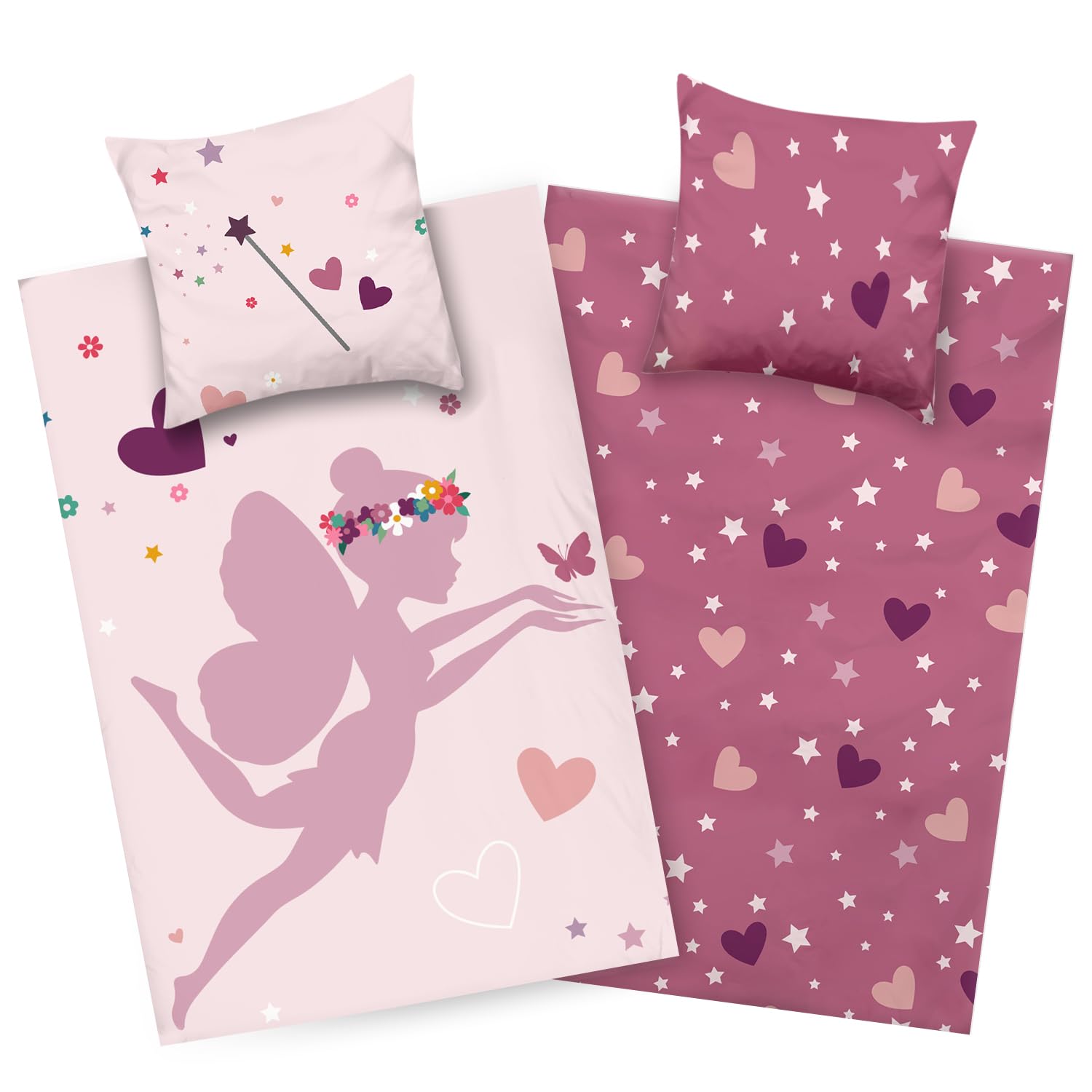 Aminata kids Bed Linen 135 x 200 cm Children's Girls Cotton Fairy Reversible Children's Bedding Set Princess Hearts YKK Zip Pink - Fairy Elf Fairy Unicorn-image-17