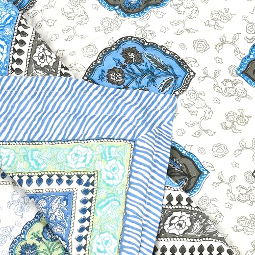 Image of BLOCKS OF INDIA Hand Block Printed Cotton King Size Quilt /Rajai | Blue Grey Rose