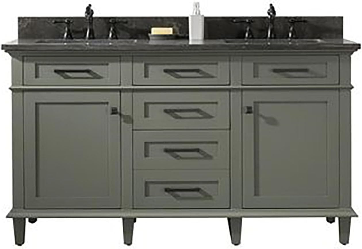 Legion Furniture Indoor Bathroom Home Decorative 60" Pewter Green Finish Double Sink Vanity Cabinet with Blue Lime Stone Top