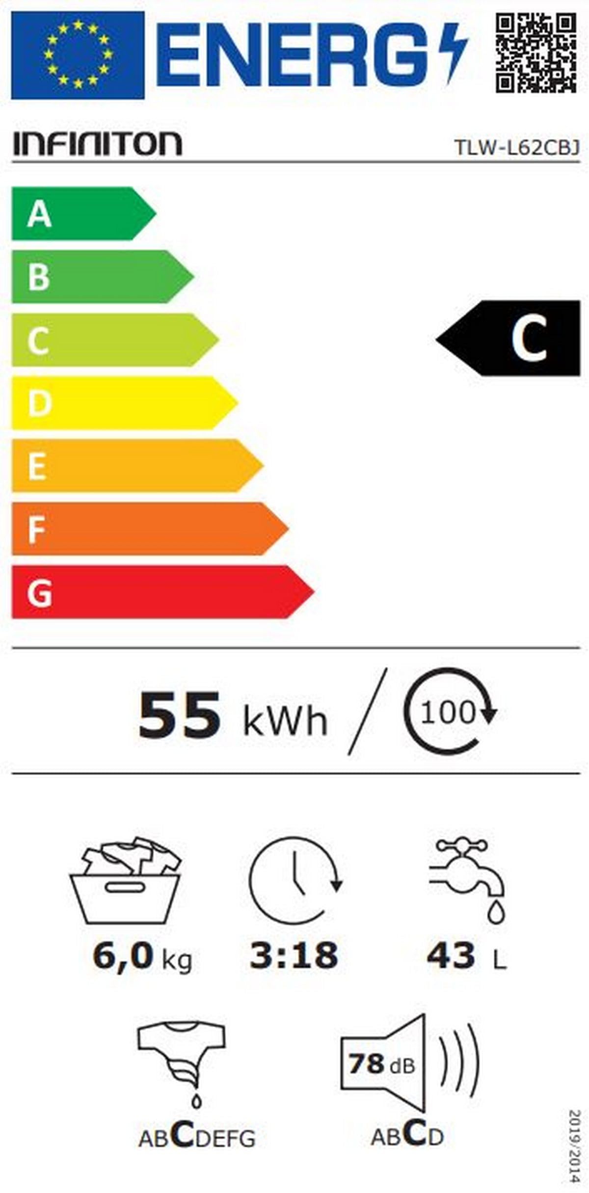 INFINITON Lavadora Carga Superior TLW-L62CBJ, 6 Kg, 1200 rpm, C, Función VAPOR CARE, Lavado en frio, 16 Programas, Regulación en altura, Blanco