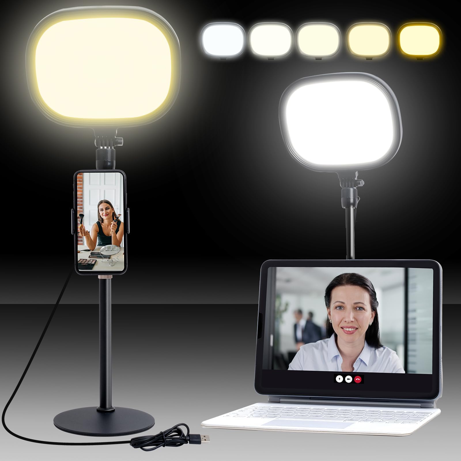 Selfie Ring Light for Desk Computer Laptop Video Conference Recording, Adjustable Brightness & 5 Color Temperatures Zoom Light, with Flexible Stand & Phone Holder Fit for LiveStream, Video Call
