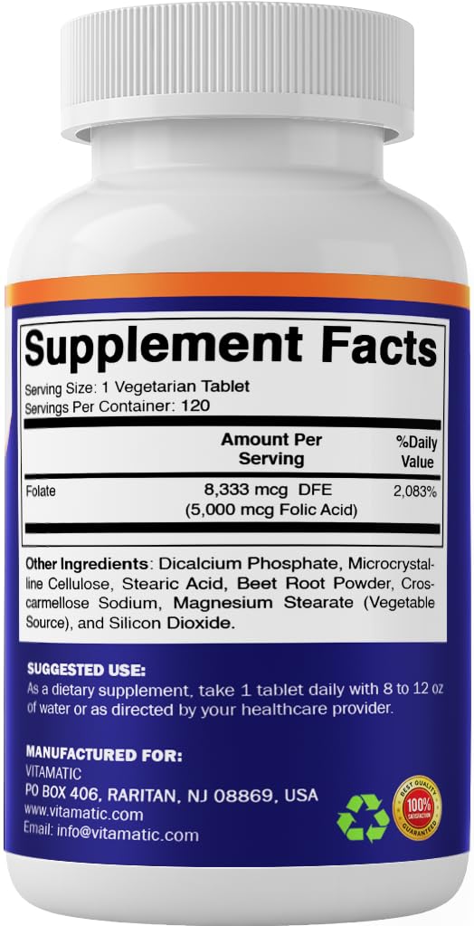 Vitamatic Folic Acid 5 mg (5,000 mcg), 120 Vegetarian Tablets (2 Pack) — Amazon image 8