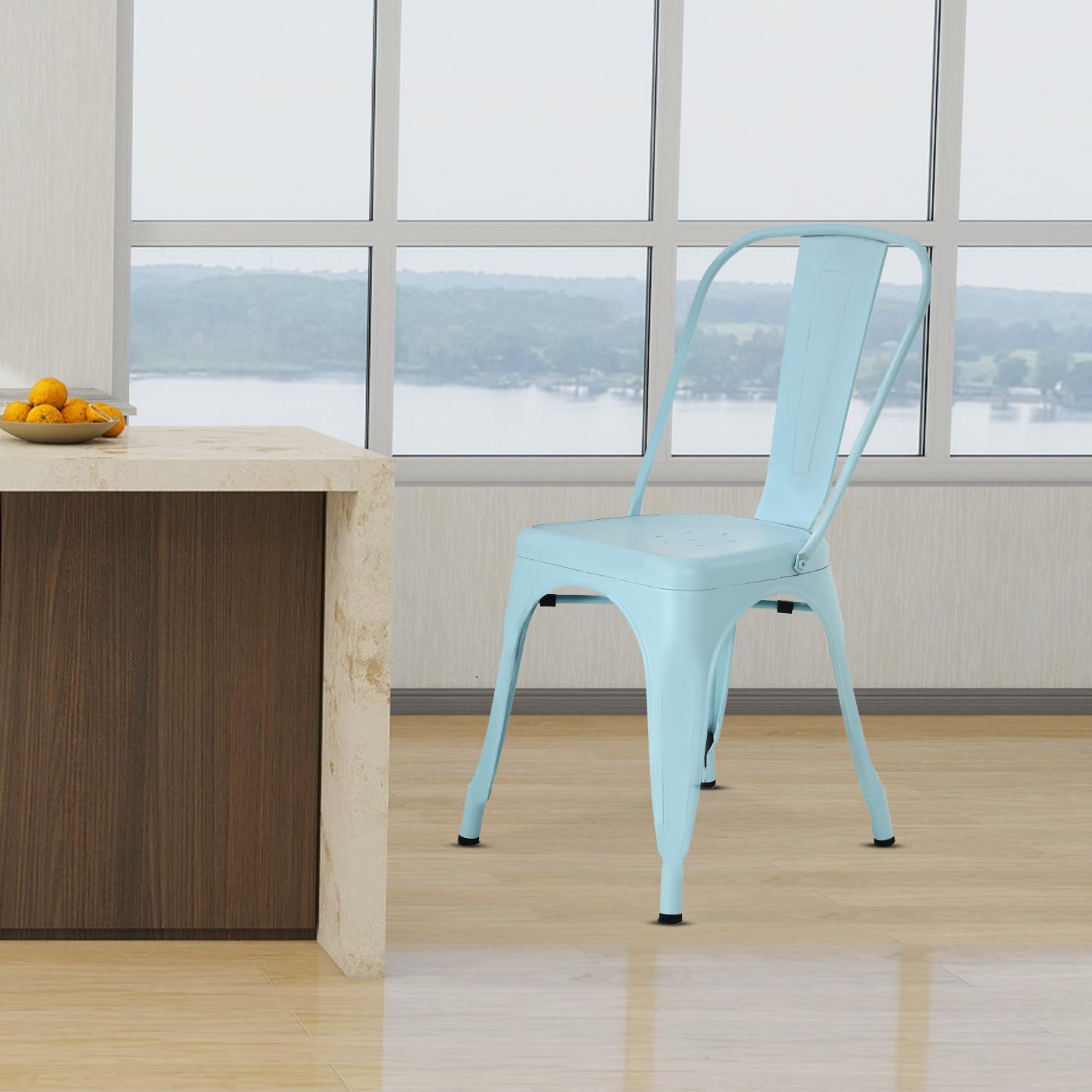 Dopinmin Dining Chairs Set of 4, Blue Metal Armless Stackable Indoor/Outdoor Patio Chairs, 18' Seat Height