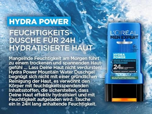 L'Oréal Men Expert L'Oréal Men Expert Duschgel und Shampoo für Männer, Duschbad zur Reinigung von Körper, Haar und Gesicht, Herren Körperpflege für hydratisierte Haut mit Mountain Water, Hydra Power, 1 x 250 ml - Designansicht 12 | TV | Video | Foto