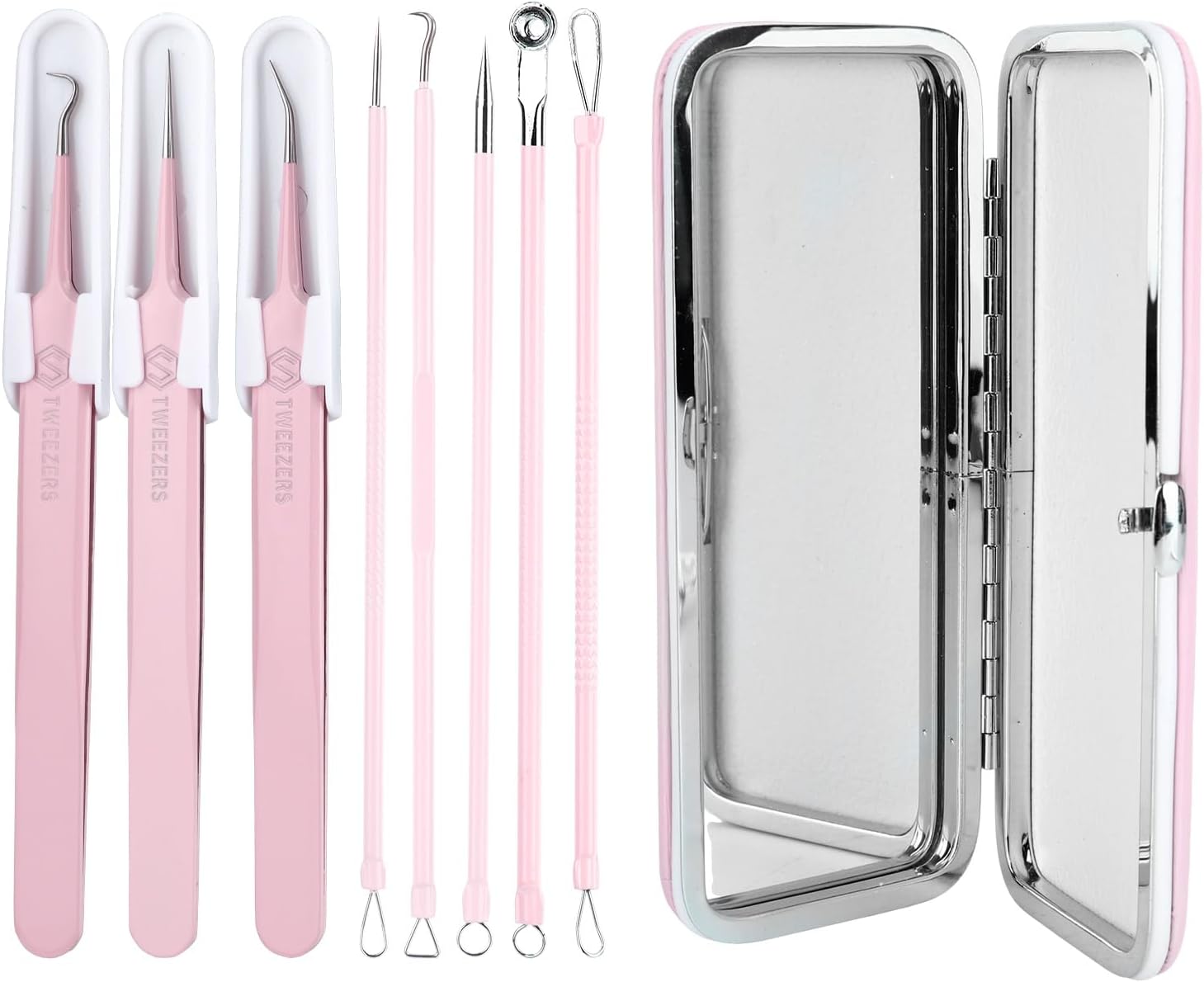 8 Piece Blackhead Tweezers Pimple Popper Tool Kit Complete Stainless Steel Blemish Removal Kit with Leather Mirror Box Home Use Facial Tools for Pimple and Blackhead Extraction (Bean Pink)