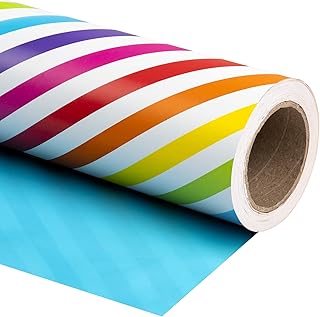 WRAPAHOLIC Reversible Wrapping Paper - Mini Roll - 17 Inch x 33 Feet - Rainbow Stripe and Solid Blue Design for Birthday, ...