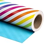 WRAPAHOLIC Reversible Wrapping Paper - Mini Roll - 17 Inch x 33 Feet - Rainbow Stripe and Solid Blue Design for Birthday, Celebration, Baby Shower