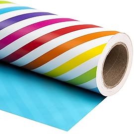 WRAPAHOLIC Reversible Wrapping Paper - Mini Roll - 17 Inch x 33 Feet - Rainbow Stripe and Solid Blue Design for Birthday, Celebration, Baby Shower