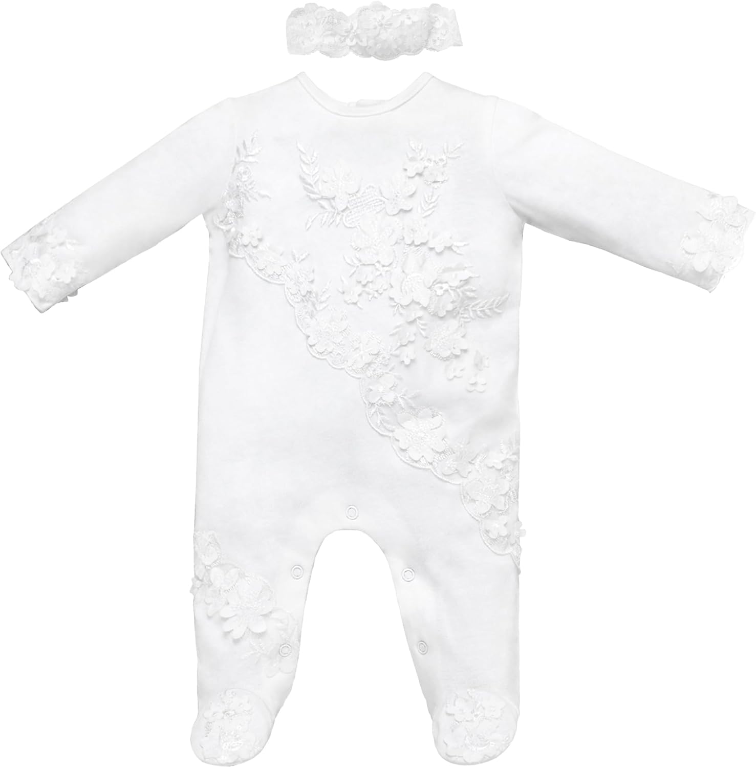 Newborn Baby Girls Embroidery Romper Infant Bodysuit Christening Baptism Footed Outfits Jumpsuit