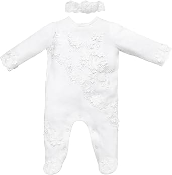 Newborn Baby Girls Embroidery Romper Infant Bodysuit Christening Baptism Footed Outfits Jumpsuit