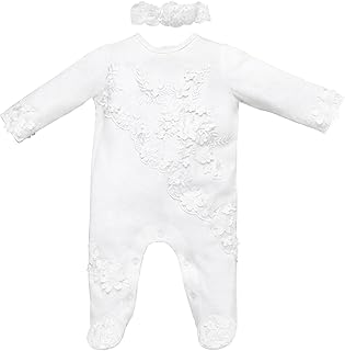 Newborn Baby Girls Embroidery Romper Infant Bodysuit Christening Baptism Footed Outfits Jumpsuit