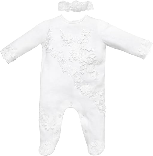 Newborn Baby Girls Cotton One-Piece Footed Jumpsuit Long Sleeve Set Christening Outfit with Headband 0-24 Months
