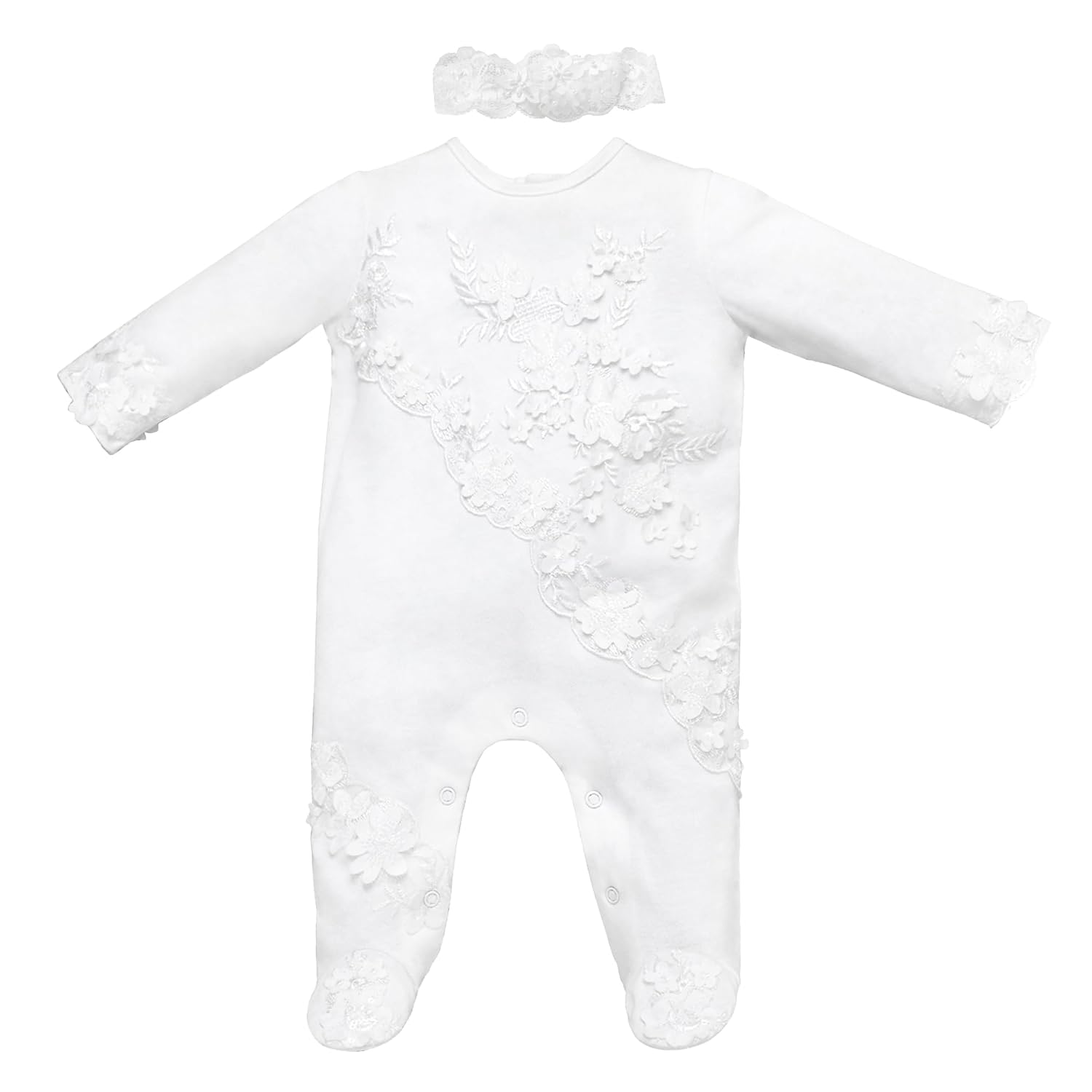 Newborn Baby Girls Cotton One-Piece Footed Jumpsuit Long Sleeve Set Christening Outfit with Headband 0-24 Months - Review, Price and Buying Guide