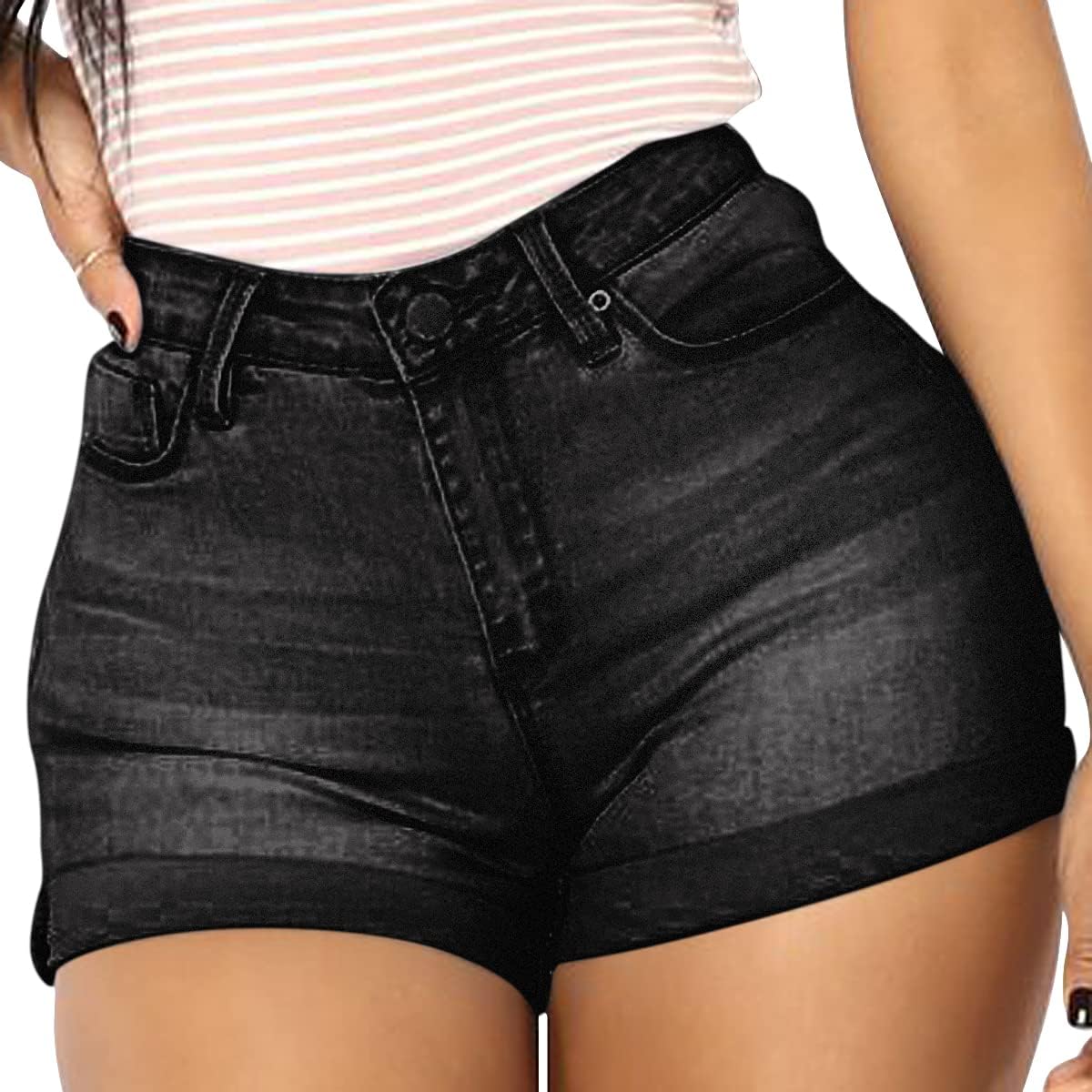 vanberfia Women's Stretchy Denim Mid Rise Jean Shorts with Pockets...