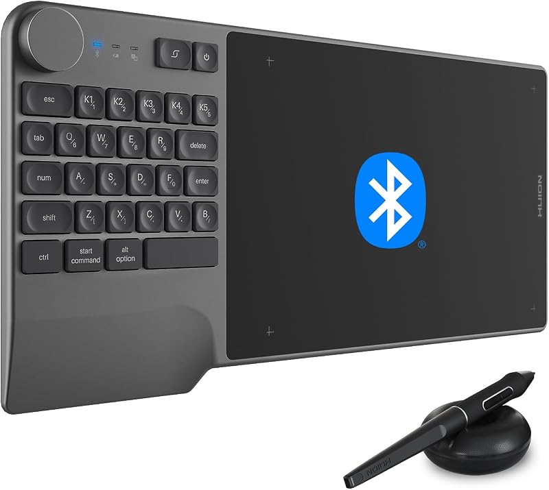 Wireless Drawing Tablet HUION Inspiroy Keydial KD200 Art Tablet, 8.9 x 5.6 | Bluetooth Graphic Tablet with Dial and Keyboard, 5 Customized Keys, Battery-Free Stylus Pen Tablet Work with PC, Mac, Mobile