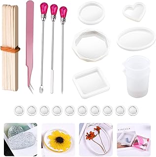 WANDIC シリコンモールド, 31個 樹脂モールドセット ジュエリーキャスティング金型 シリコン計量カップ付き および樹脂ツール DIY樹脂装飾用 ペンダント, コースター, 工芸