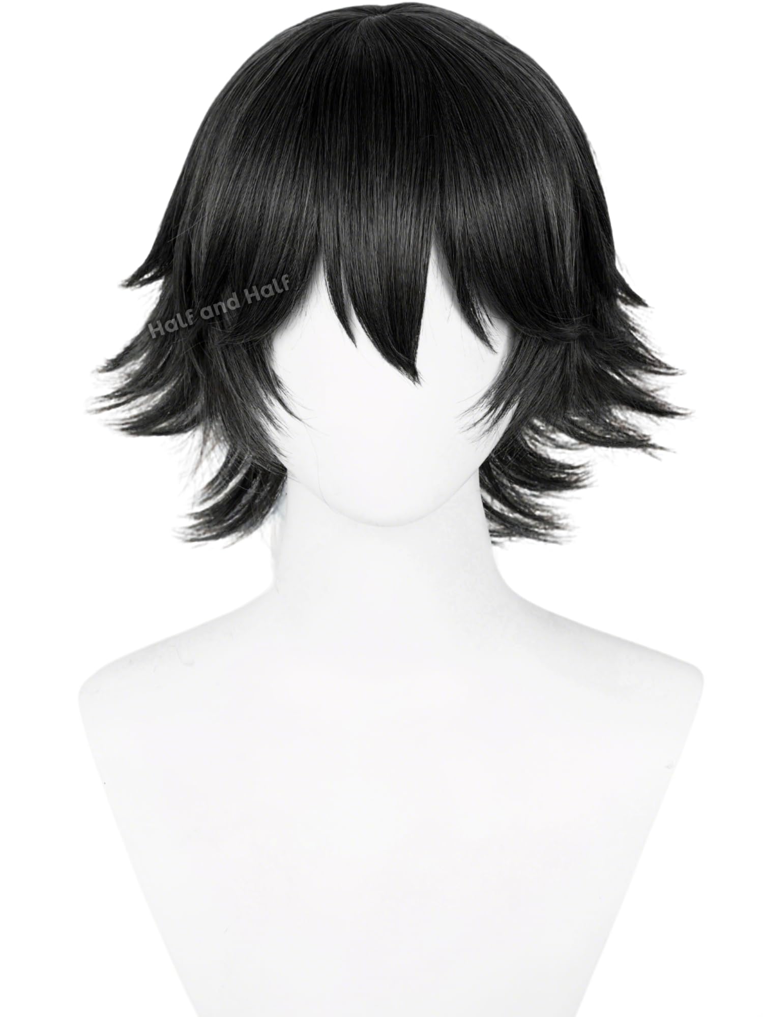 Photo 1 of Half and Half Ranpo Cosplay Wig Black Juuzou Wigs Short Black Anime Male Wig with Bangs Men's Black Spiky Layered Costume Wigs for Women Unisex Halloween Party