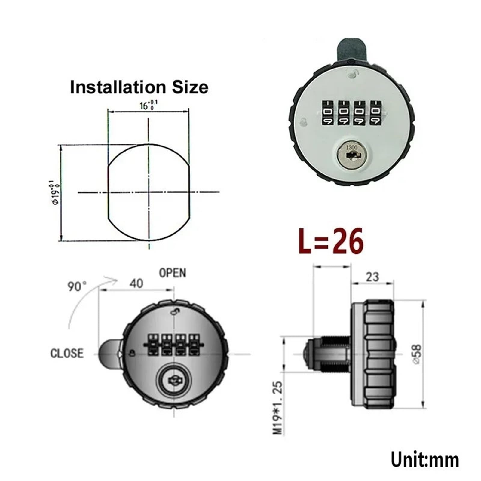 Cerradura de leva for gabinete de 4 dígitos sin llave for cajón, puerta, taquilla de gimnasio con reinicio de llave MS513 H, 1 unidad(L 26mm 1PCS)