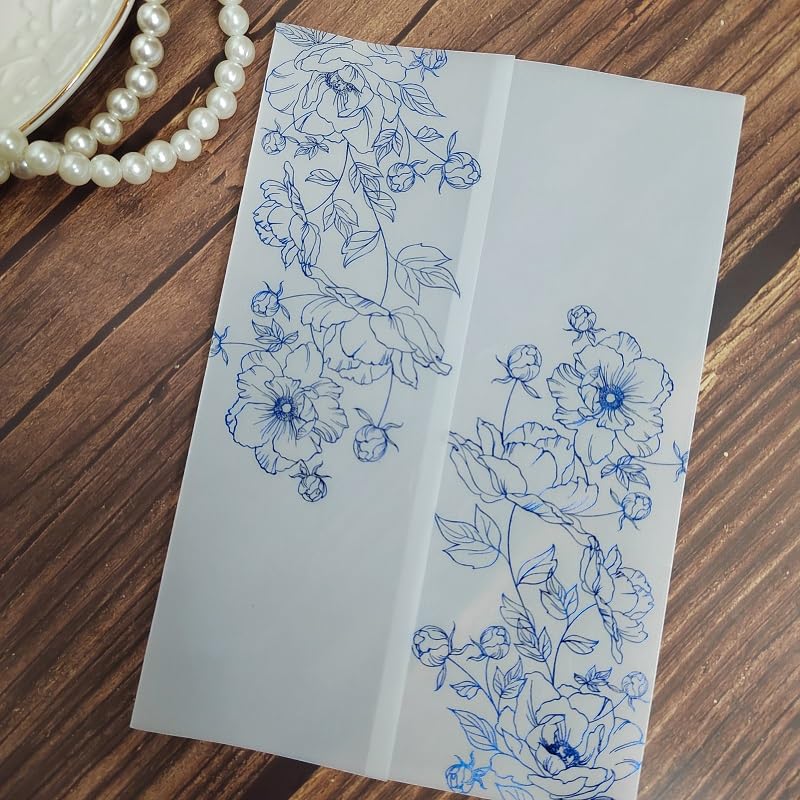 LNNXSZ Vellum Jackets 50pcs Beautiful Rose Design Transparent Invitation Card Sleeves Vellum Jacket Wedding Invitation Card Pocket Vellum Cover (Color : Blue foil, Size : 125x185mm)
