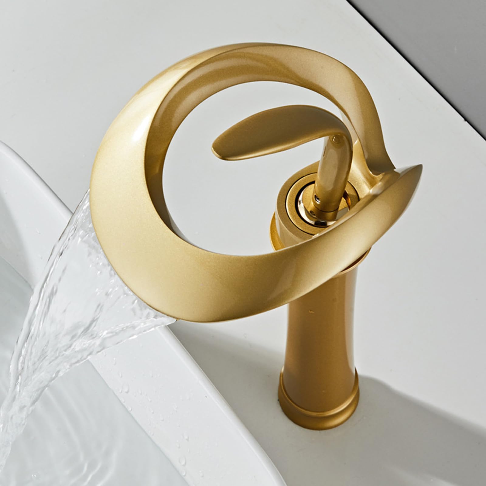 Wasserhahn Bad Hoch Wasserfall Warm Und Kalt Einhand Waschtischarmatur Wasserfall Hoch Messing Waschbecken Armaturen,mattiertes Gold