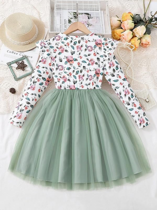 Image of Niren Enterprise 1019 Long Sleeve Printed Flower Belted Square Neck Baby Girl Frock with Knee-Length and A-Line Style