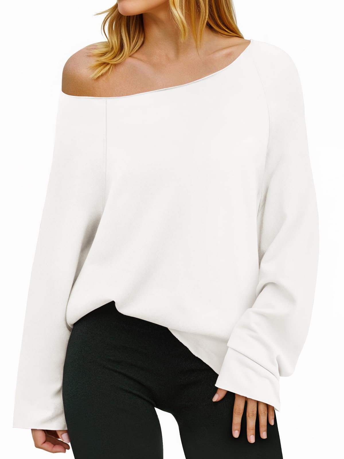 Photo 1 of Fisoew Womens Off The Shoulder Tops Sweatshirts Lightweight Oversized Pullovers Long Sleeve Y2k Loose Fit Tunic Tops White