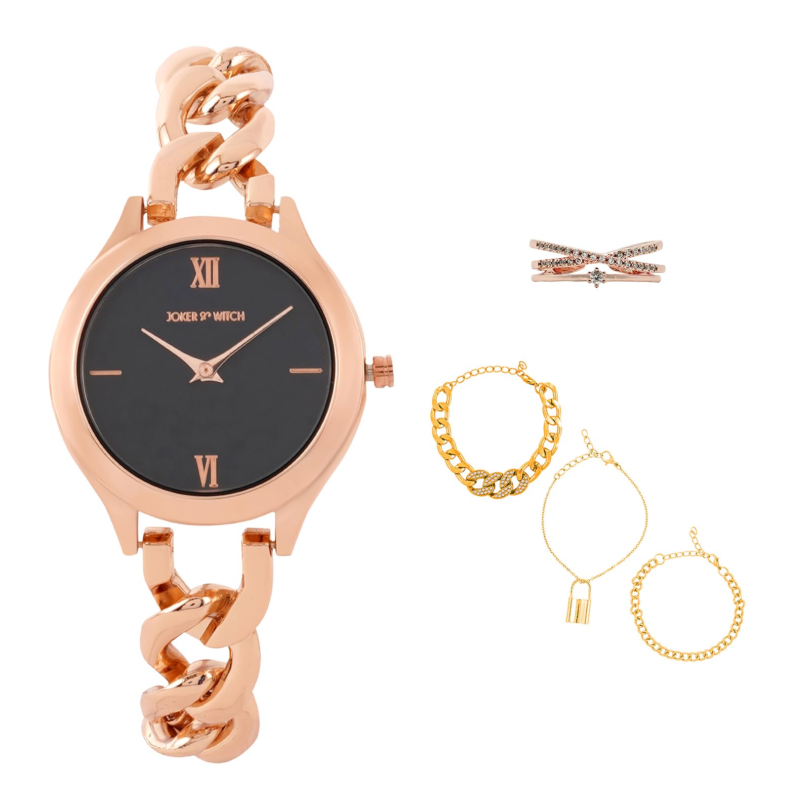Joker & Witch Stainless Steel Women Blingbabe Lovetriangle Analogue Watch, Black Dial, Rose Gold Band (B0C862JWG8) Amazon Price History, Amazon Price Tracker