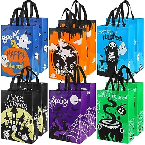 KIMOBER 12 Packs Halloween Non-Woven Trick or Treat Bags,Large Reusable Gift Tote Bags with Handles,6 Colors Goodie Bags for Halloween Party Supplies,15.7×11.8×5.9“ Cover