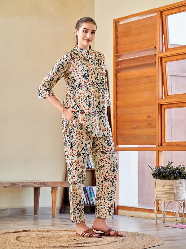 Image of Cotton Relaxed Fit Shirt & Trouser Co-Ord Set for Women |Front Openable Button and 3 /4 Sleeve Shirt |Two Pockets and Elasticated Waist Trouser | Casual Wear and Everyday Wear