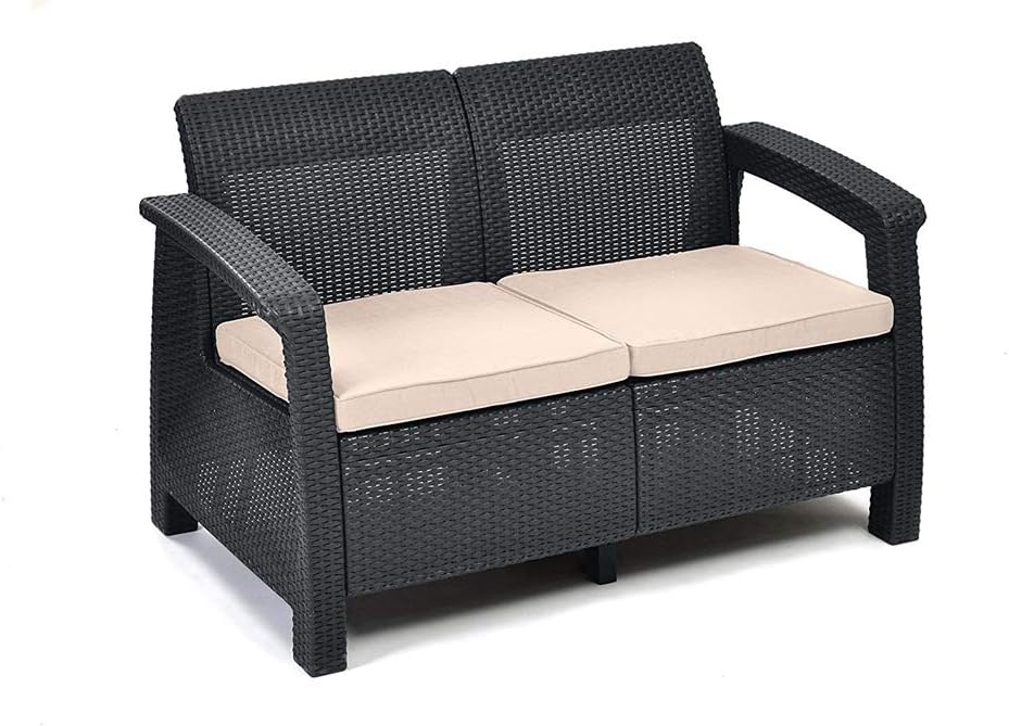 Keter 17194121 Corfu 2 Seater Sofa with Cream Cushions - Natural/Cappuccino