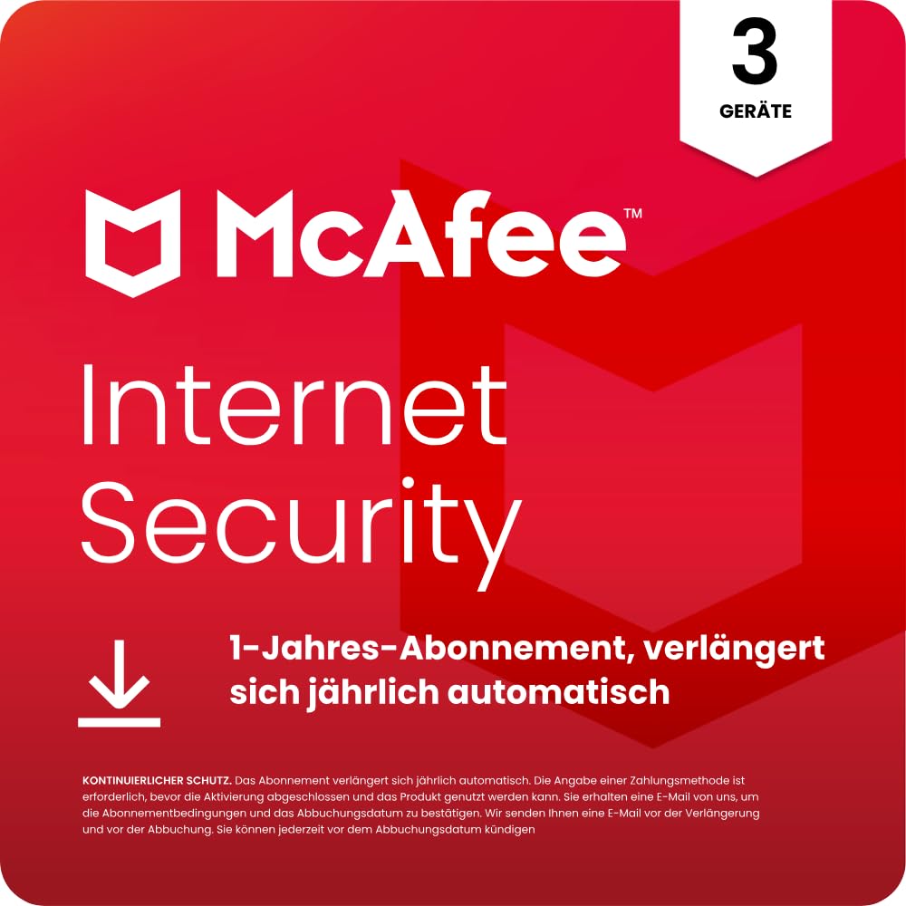 McAfee Internet Security (3 Geräte) 2026 |Echtzeitschutz für PCs vor neuen und dynamischen Bedrohungen | 1-Jahres-Abonnement mit automatischer Verlängerung | Download