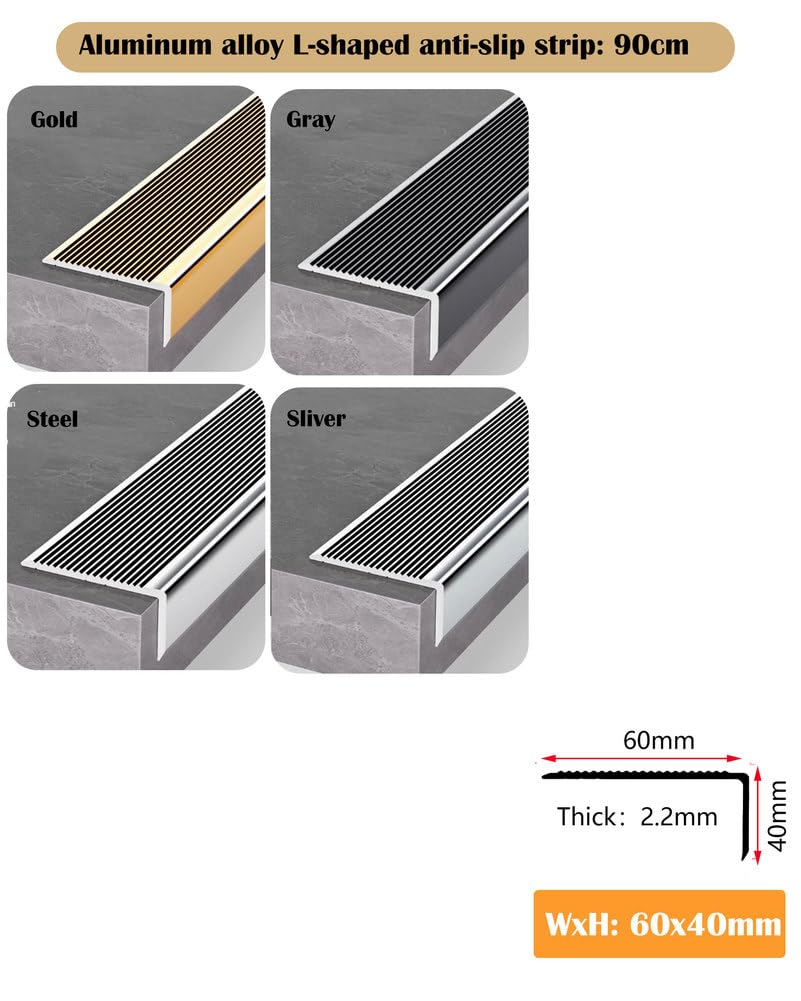 COYOUCO 5 Uds Perfiles Escalón Aluminio Antideslizante 90cm 6x4cm – Protector Borde Peldaño Forma L Tiras Seguridad Escaleras Interior Exterior,Gris