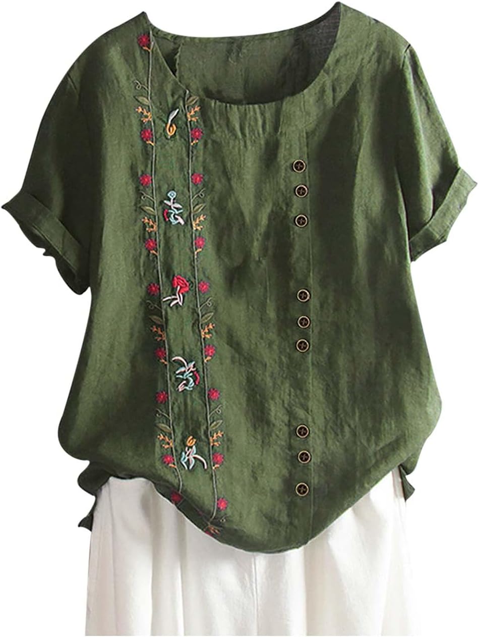 Women Oversized Blouse Floral Graphic Short Sleeve Shirts with Button Detail Plus Size Tunic Tops Casual Loose Patterned Shirt Ladies Longline Blouses Summer Holiday Going Out Top