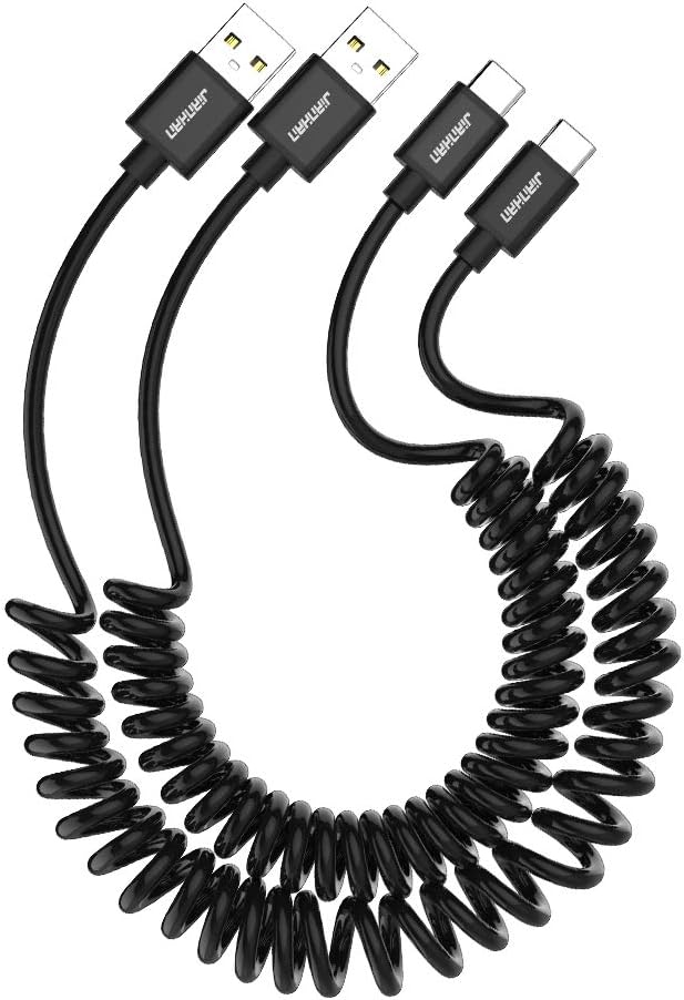 Coiled USB C Cable for Car 1.5m 2 Pack USB Type C Spiral Cable for Samsung Galaxy S20 S10 S10e S9 Plus S8 Note 10 9 8 A5 (2017) A7 A8 A20 A70 LG Google HTC Moto,Black