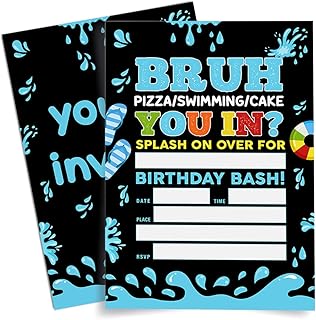 Pool Party Birthday Invitations for Teen Boy, Summer Bruh Birthday Party Invitations Swimming Invite Cards, 20 Invites with Envelopes (4"x6")