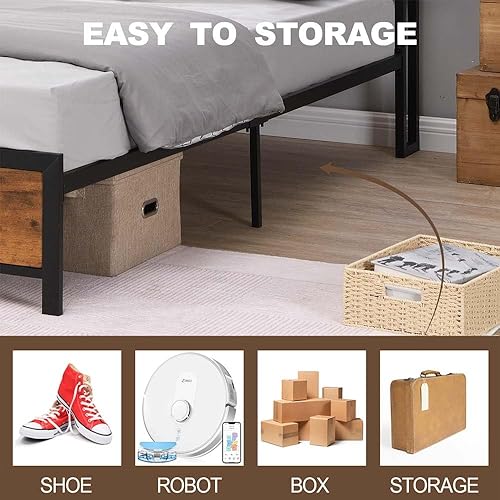 Miniatura 6 de Base de cama de plataforma de metal tamaño Queen con cabecero y estribo de madera con luces USB y LED, no necesita somier, gran almacenamiento