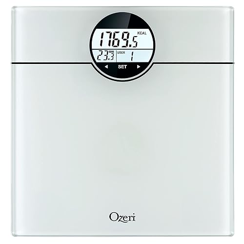 Ozeri WeightMaster - Báscula de peso corporal de 440 libras con IMC, BMR y detección de cambio de peso de 1.76 oz Blanco,Negro