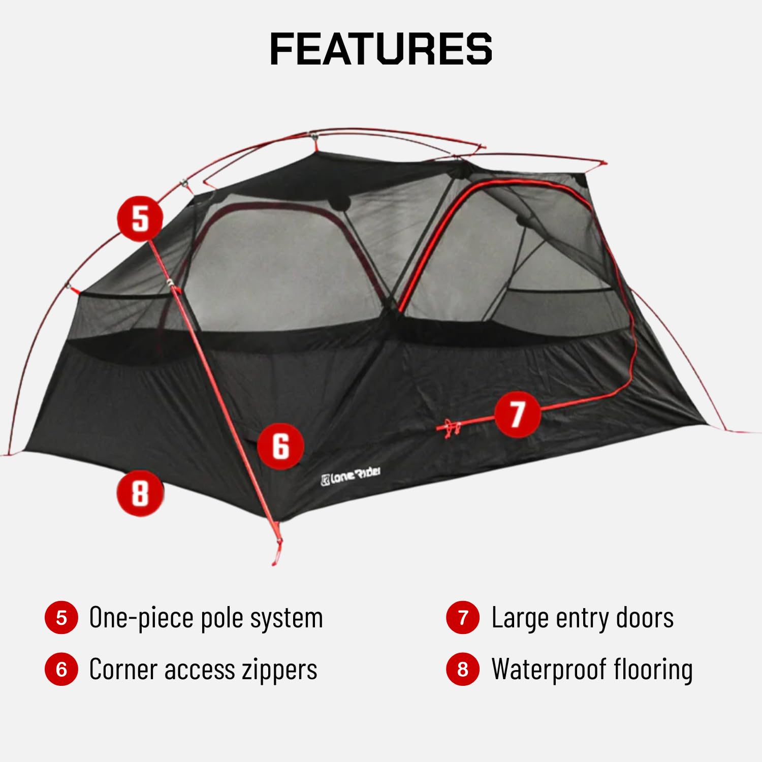Lone Rider Tenda a Cupola per 2 Persone - Riparo Leggero e Impermeabile per Campeggio, Trekking e Hiking - Struttura Monopezzo con Ventilazione in Rete - Include Sacca, Picchetti e Kit Veranda