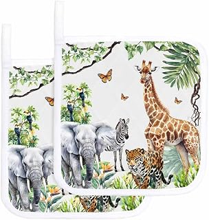 Pot Holders for Kitchen - African Zoo Elephant Lion Zebra Tiger Potholders Heat-Proof Oven Hot Pads Set of 2, Natural Jungle Wild Animal Potholder for Cooking Baking