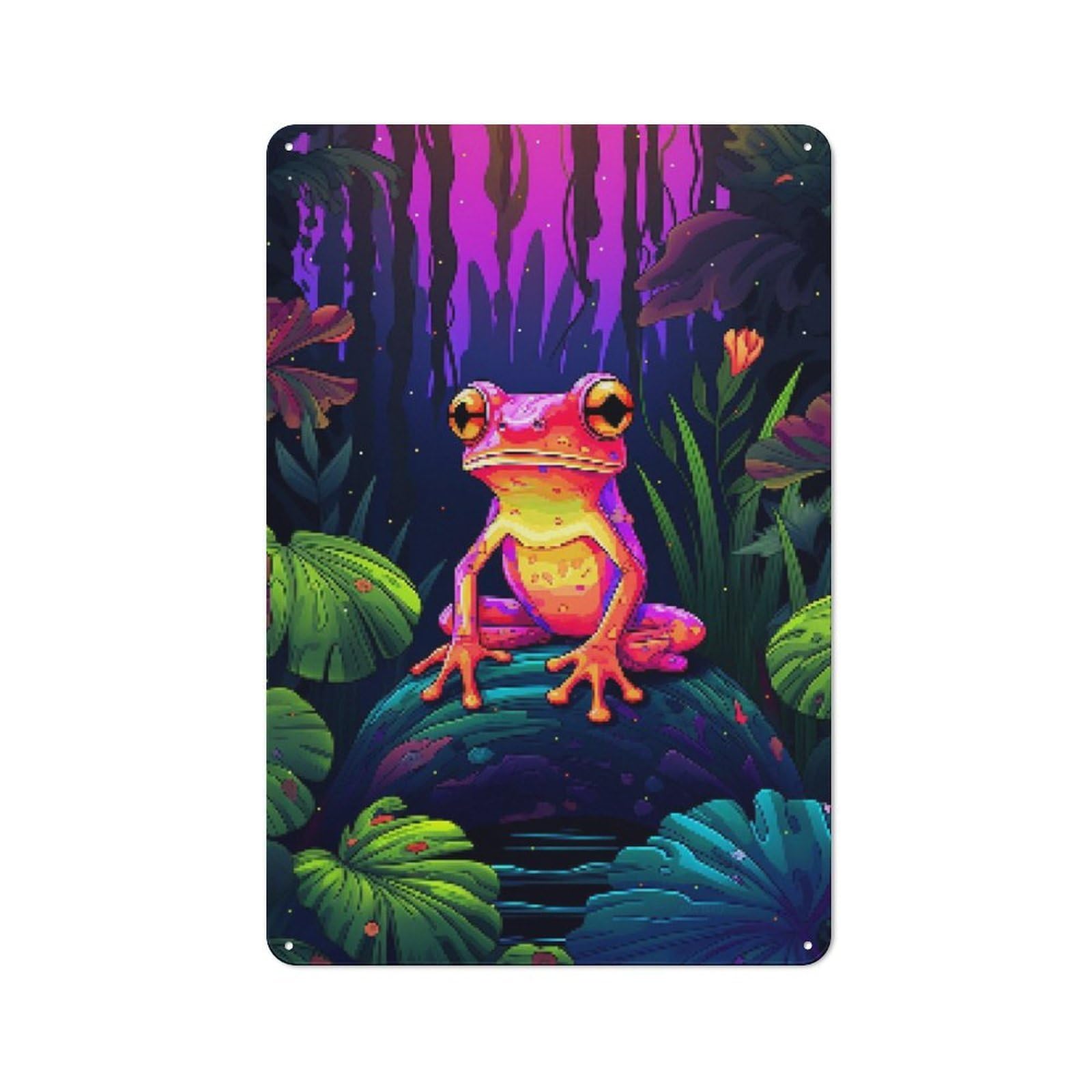 Tin Sign with Tropic Pink Frog Pixel Art Design 30x20cm, Weathered Look Industrial Wall Art for Workshop, Basement, Shed Or Games Room