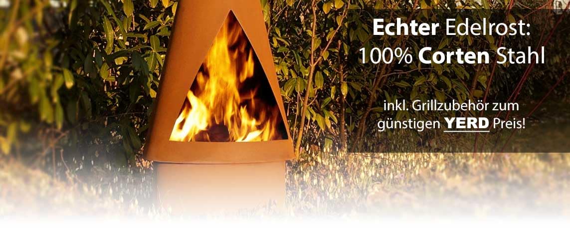 Yerd Gartenkamin Denver XXM 2 Meter 200 cm aus Corten-Stahl inkl. Grill-Rost Set mit Verlängerung