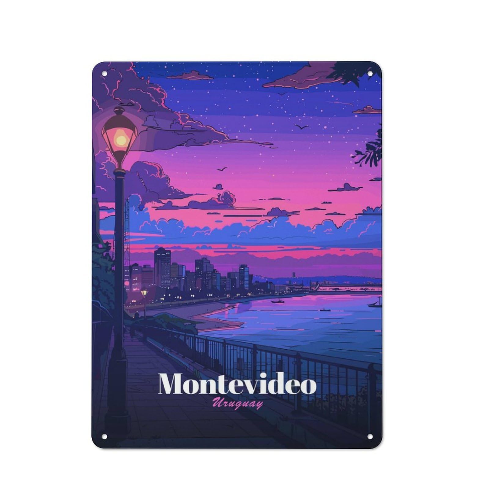 Junmoney Style-11 For Lounge Or Reading Corner, Montevideo Uruguay Sunset Cityscape Rustic Metal Sign 40X30cm, For Vintage Wall Decor Fans, For Themed Room Decoration