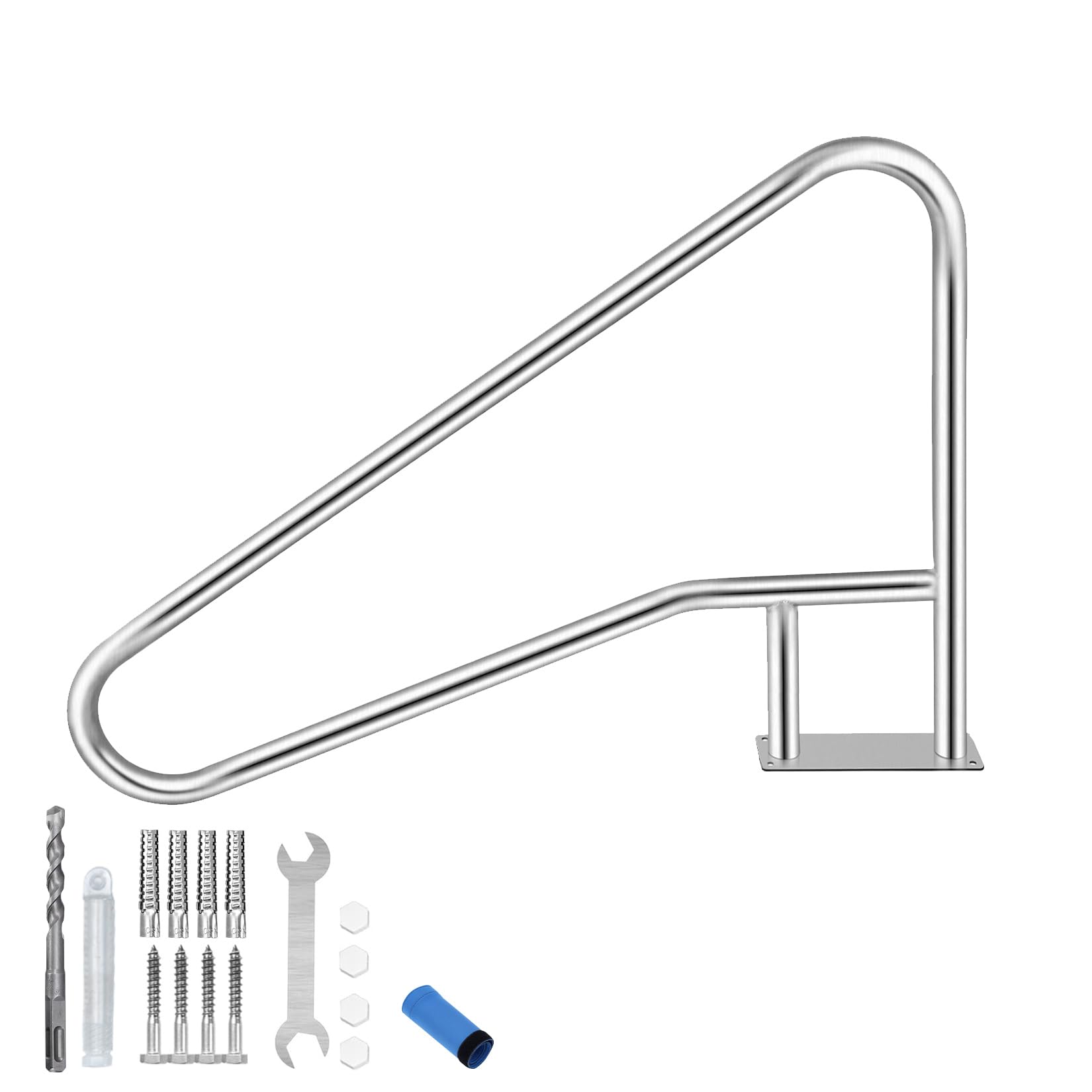 Garvee Pasamanos para Piscina de Acero Inoxidable 304, Barandilla de Seguridad para Piscinas Enterradas y Spas, Riel de Escalera Ergonómico con Cubierta de Nylon Azul, Kit de Montaje, 140 x 81 cm