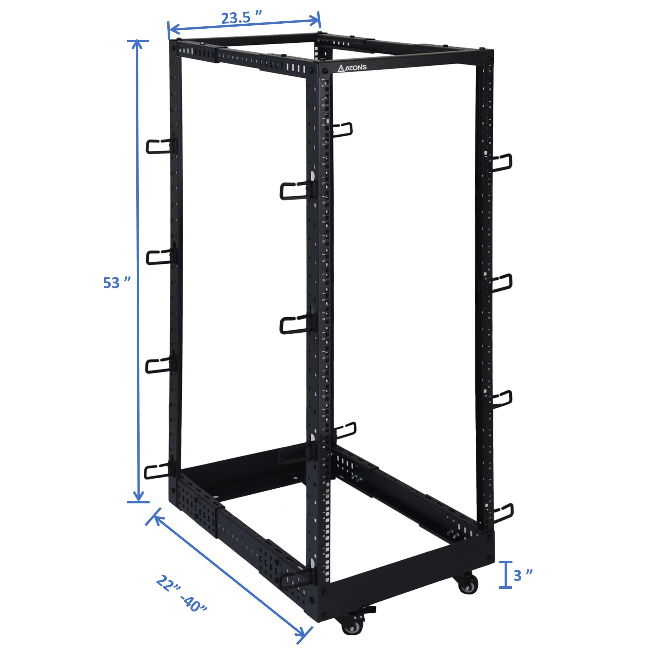 AEONS 27U 4-Pfosten-IT-Server-Rack mit offenem Rahmen, 48,3 cm tiefenverstellbar (55,9 cm bis 101,6 cm), Netzwerkausrüstung, AV-Ausrüstung mit Rollen und Kabelmanagement