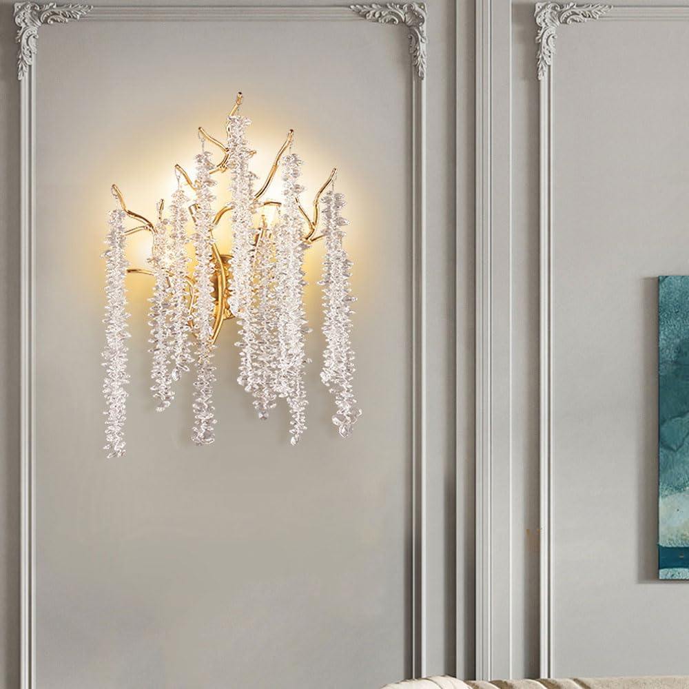 YNVIOZM Crystal Wall Sconce,Crystal Tree Branch Wall Lights with Long Tassel,Modern Light Sconces Fixture for Bedroom,Living Room,Dining Room,Bathroom,Hallway