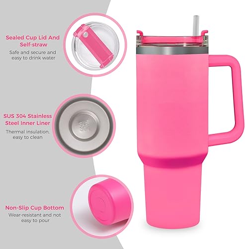 Miniatura 3 de Vaso de acero inoxidable de 40 onzas con tapa con asa y pajita, botella de café y agua, mantiene el calor y el frío, taza para viaje (rojo azalea)